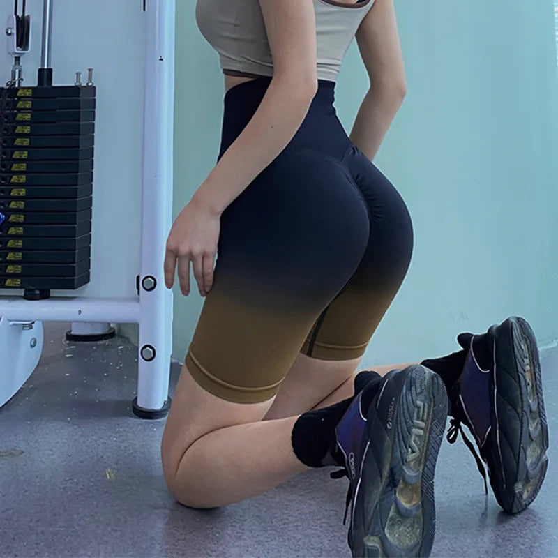 Stylish ladies high waist running shorts in gradient color for comfortable workouts