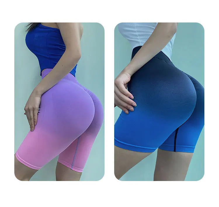Ladies high waist running shorts in ombre pink and blue for comfort and style during workouts