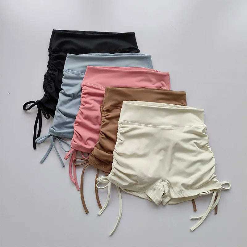 Ladies high waist workout shorts in various colors with adjustable ties for enhanced comfort