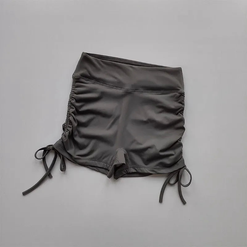 Ladies high waist workout shorts in gray with adjustable drawstrings for a comfortable fit