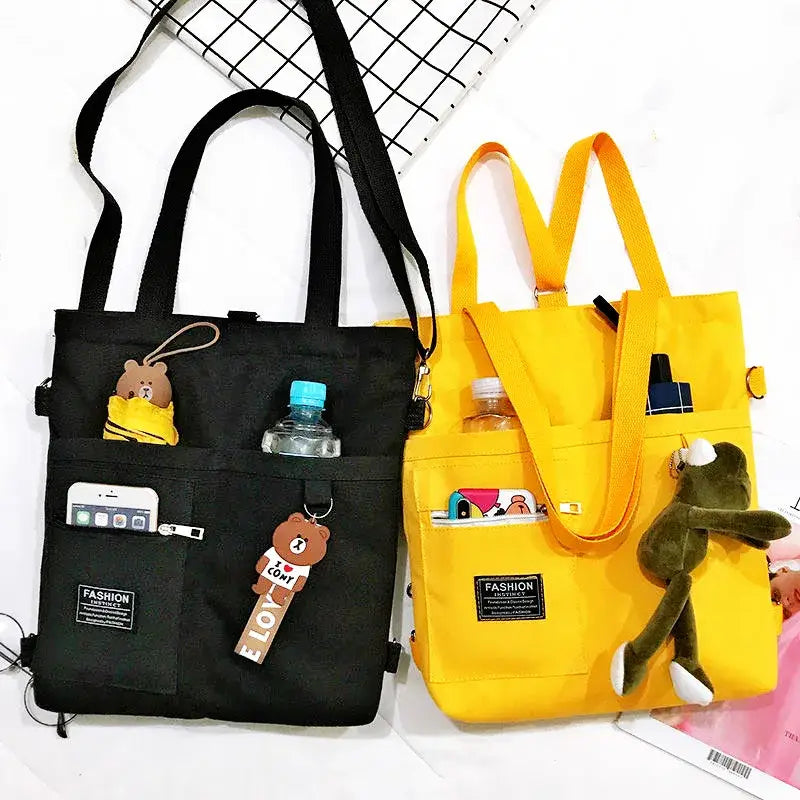 Large capacity tote bag for women in black and yellow with multiple pockets and stylish accessories