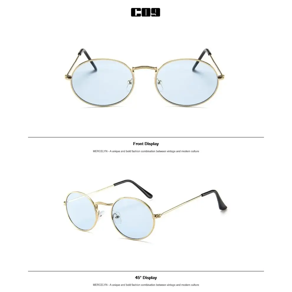 Elegant luxury oval sunglasses women with a stylish gold frame and light blue lenses