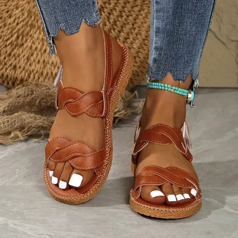 The Lady's Haven Boutique non slip flat heel summer sandals in brown with braided strap design
