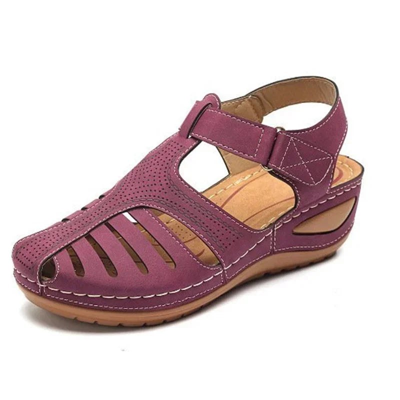 Purple leather bunion corrector summer sandals with adjustable strap and cushioned sole
