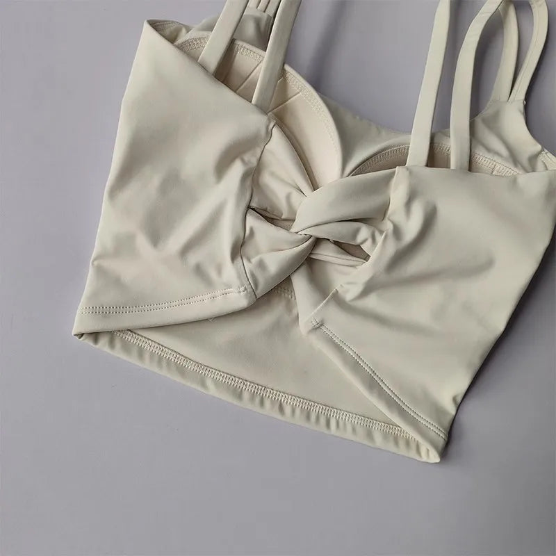 Cream Push Up Sports Bras for Women with Stylish Knot Design and Adjustable Straps