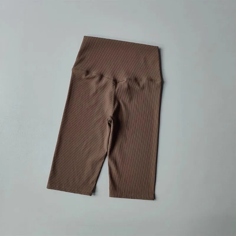 Brown ribbed cycling yoga gym shorts for women with high waist and comfortable fit