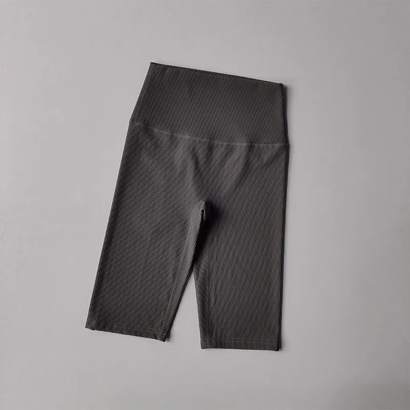 Ribbed cycling yoga gym shorts for women in dark gray with a flattering high-waist design