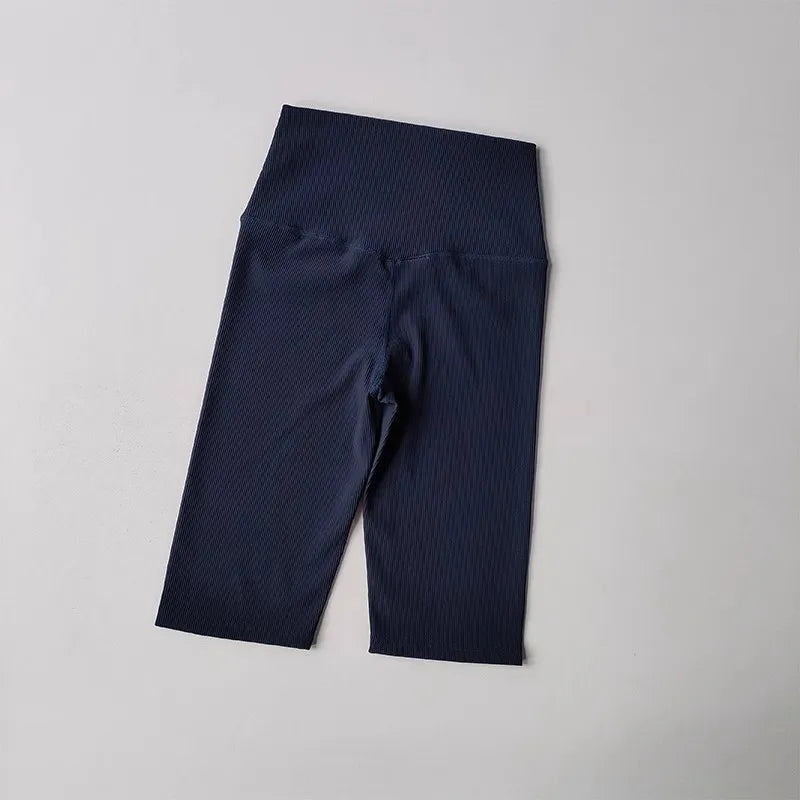 Navy ribbed cycling yoga gym shorts for women with a high waistband for comfort and style