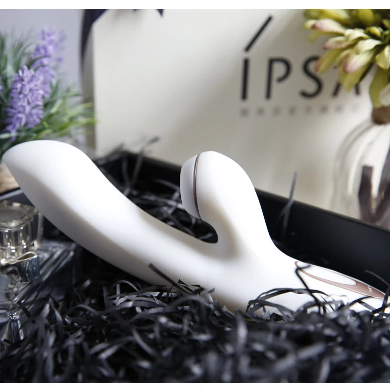 White dual stimulation G spot sucking vibrator with curved G spot shaft and clitoral suction in gift box