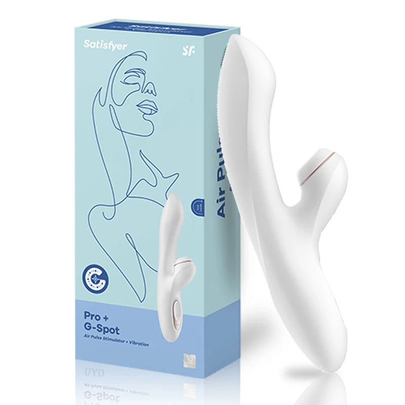 The Ladys Haven Boutique white Satisfyer Pro plus G spot sucking vibrator with dual stimulation design