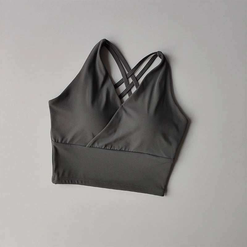 Stylish grey shockproof crop top for women with crisscross straps for comfortable wear