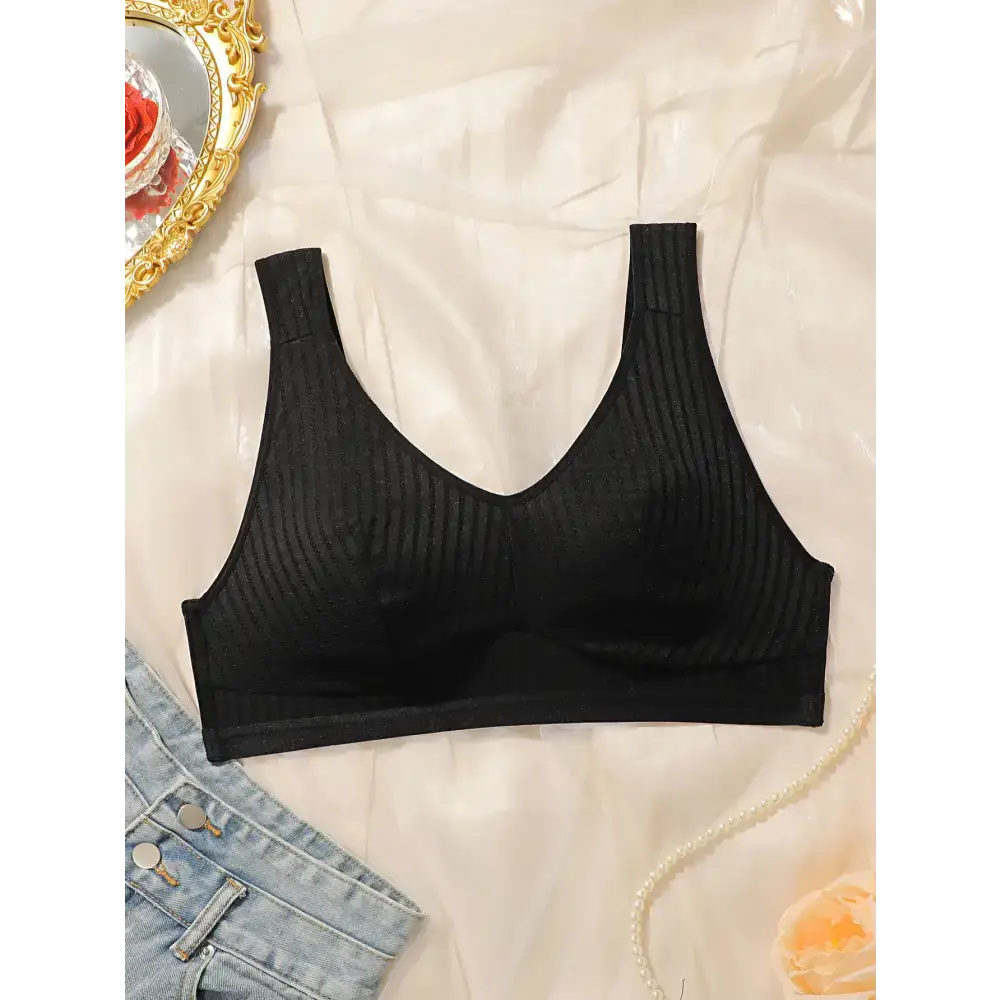 Black solid color striped plus size lingerie bralette from The Lady's Haven Boutique