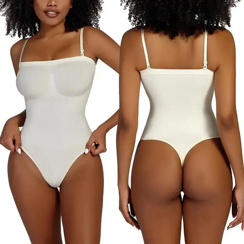 The Lady's Haven Boutique strapless thong bodysuit for women in white shown from front and back