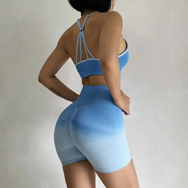 Two piece athletic wear set for women in gradient blue, perfect for workouts and active wear
