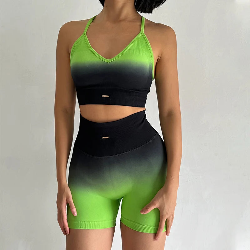 Stylish two piece athletic wear set for women in vibrant green and black gradient design