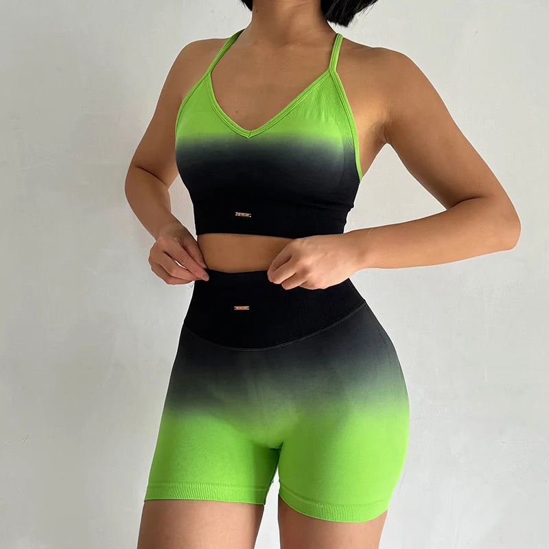 Two piece athletic wear set for women in black and neon green with a comfortable fit