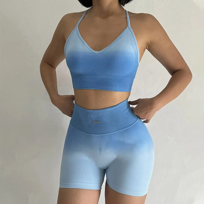 Stylish two piece athletic wear set for women in gradient blue, perfect for workouts and casual outings