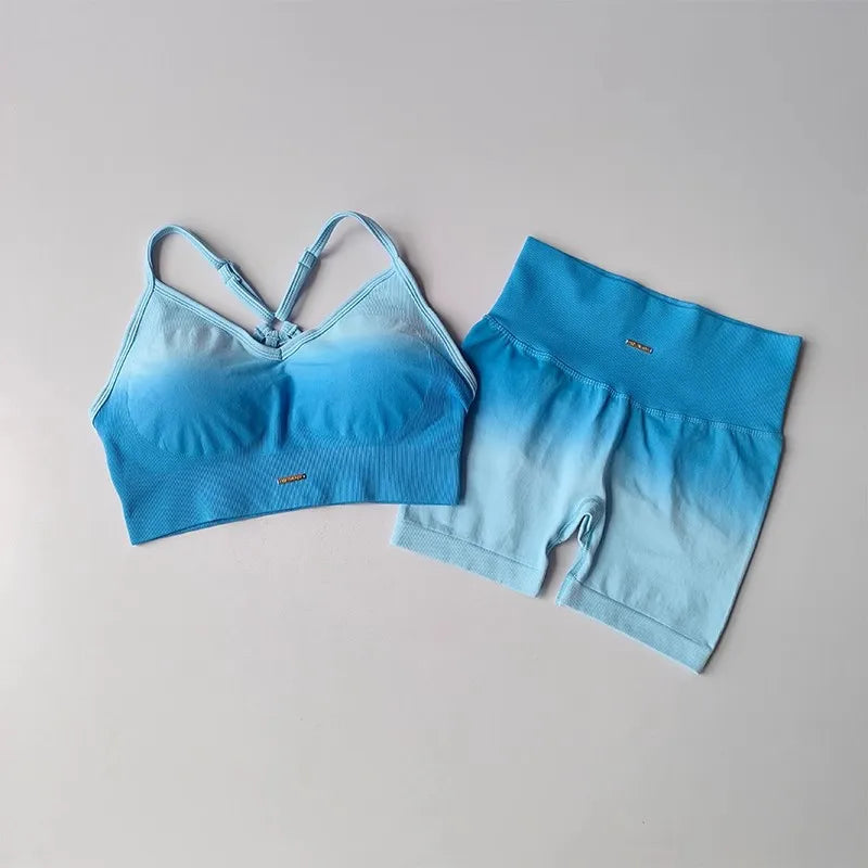Light blue two piece athletic wear set for women featuring a stylish sports bra and comfortable shorts
