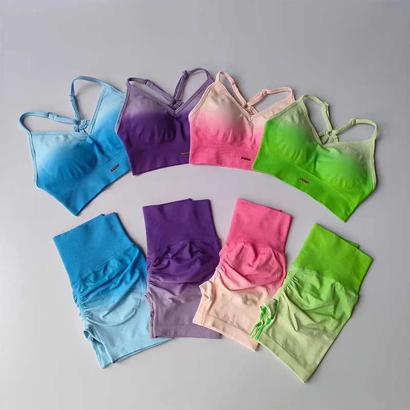 Colorful two piece athletic wear set for women featuring various styles of sports bras and matching shorts