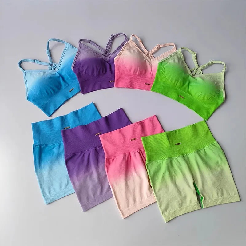 Colorful two piece athletic wear set for women featuring sports bras and matching shorts in gradient designs