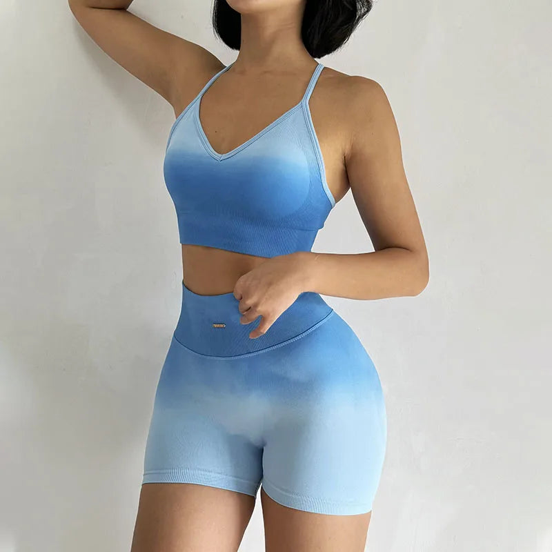 Stylish Blue Two Piece Athletic Wear Set for Women featuring a sports bra and high-waisted shorts