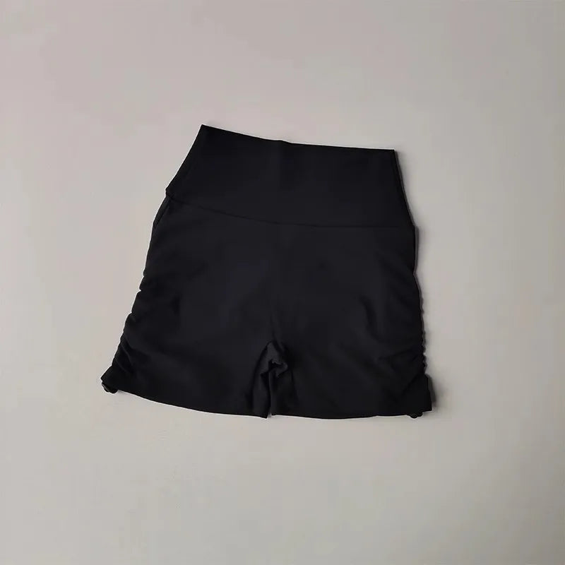 Black drawstring sports shorts for women with a comfortable high waist design
