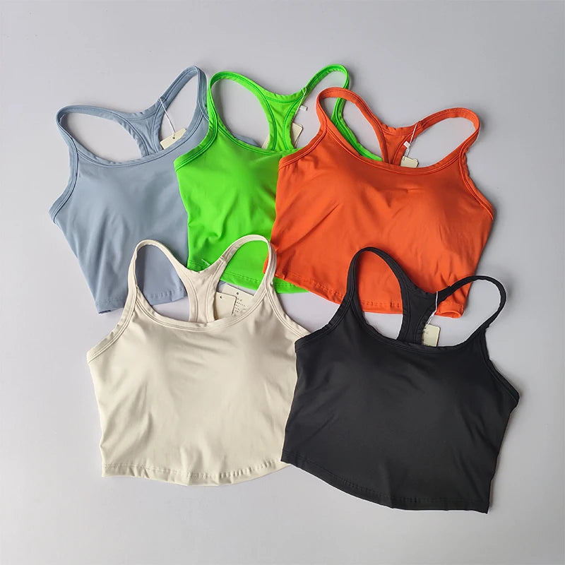 Colorful collection of womens push up sports bras in various shades for active wear and comfort
