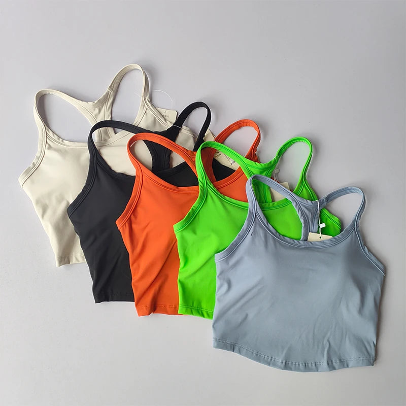 Collection of womens push up sports bras in various colors including black, orange, green, blue and beige